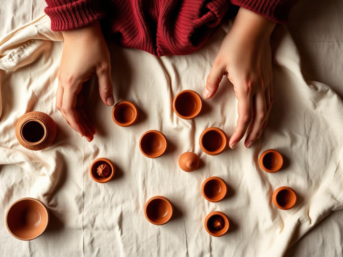 Hands arranging small ceramic vessels